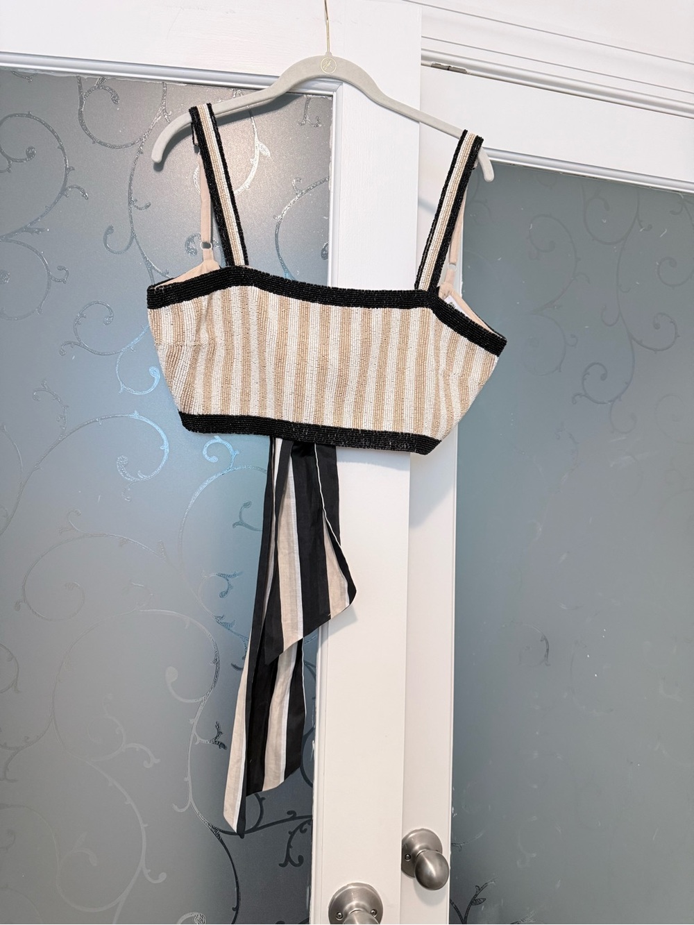 CELANDINE by Anthropologie Striped Beige & Black Tie-Front Crop Top XS/S